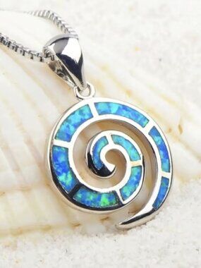 Necklace Greek-Inspired Spiral Design Inlaid Blue Opal Pendant 925 Silver
